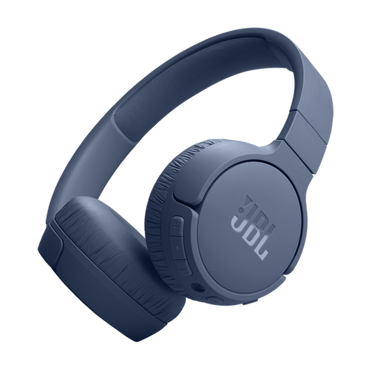 JBL Tune 670NC wireless on-ear headphones in black, folded flat with padded ear cushions and JBL logo visible.