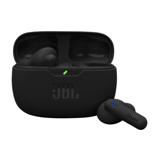 Pair of black JBL Wave Beam 2 earbuds nestled inside an open white charging case with LED status lights visible.