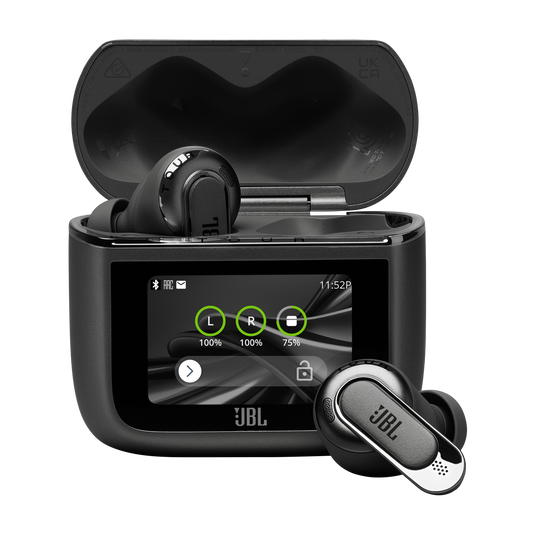 JBL Tour Pro 3 open Smart Charging Case™ showing 1.57-inch color touchscreen and connected earbuds.
