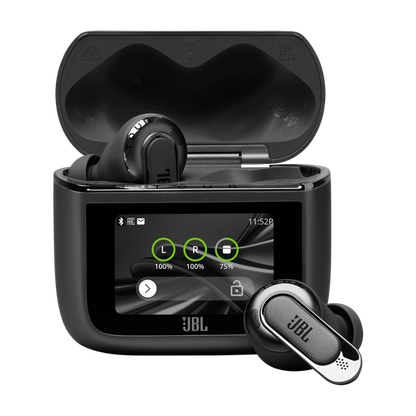 JBL Tour Pro 3 open Smart Charging Case™ showing 1.57-inch color touchscreen and connected earbuds.