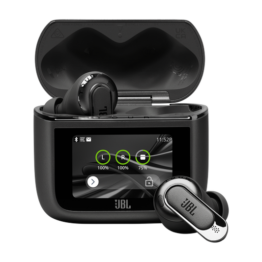 JBL Tour Pro 3 open Smart Charging Case™ showing 1.57-inch color touchscreen and connected earbuds.