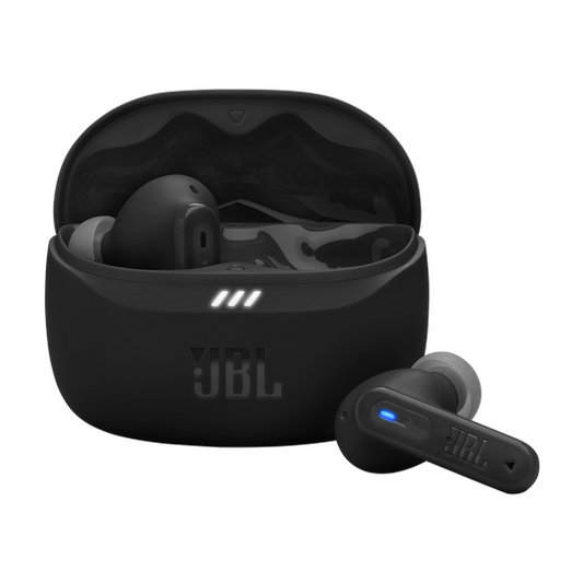 JBL Tune Beam 2 earbuds in open charging case showing LED status indicators and ergonomic oval-tube design.
