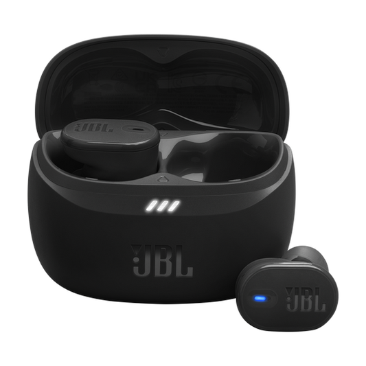Open JBL Tune Buds 2 charging case revealing two true-wireless earbuds with LED status indicators.”