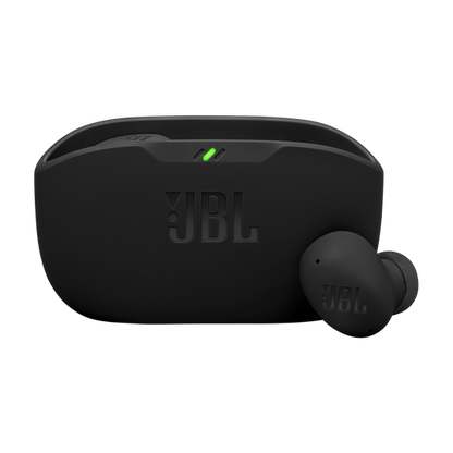 Black JBL Wave Buds 2 earbuds nestled inside an open charging case with LED charge indicators visible.