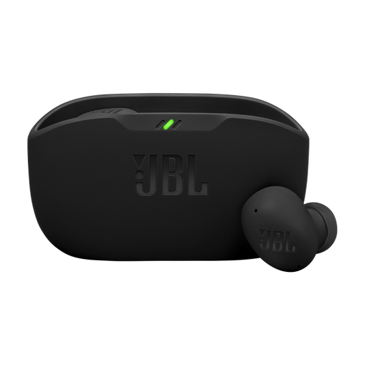 Black JBL Wave Buds 2 earbuds nestled inside an open charging case with LED charge indicators visible.