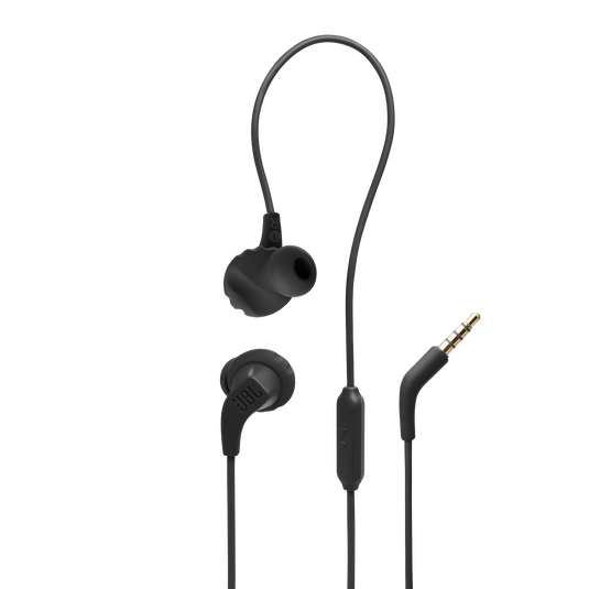 Black JBL Endurance Run 2 Wired sports in-ear headphones showing FlipHook™ and FlexSoft™ ear tips.”