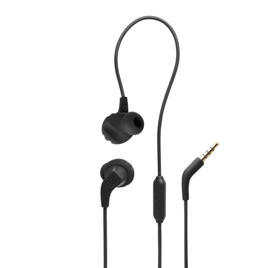 Black JBL Endurance Run 2 Wired sports in-ear headphones showing FlipHook™ and FlexSoft™ ear tips.”