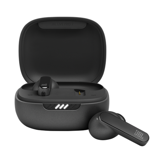 Pair of JBL Live Pro 2 TWS earbuds nestled in open charging case with LED status indicator and Qi-compatible pad.