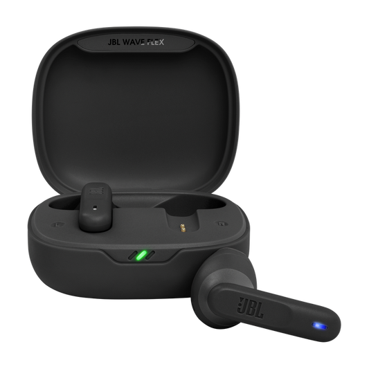 Black JBL Wave Flex earbuds nestled inside an open charging case with LED battery indicators visible.