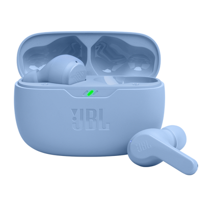 Black JBL Wave Beam earbuds nestled inside an open charging case with LED battery indicators visible.