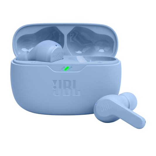 Black JBL Wave Beam earbuds nestled inside an open charging case with LED battery indicators visible.