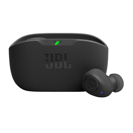 Black JBL Wave Buds earbuds nestled inside an open charging case with LED charge indicators visible on a white background.