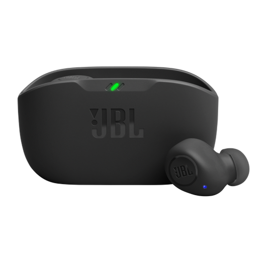 Black JBL Wave Buds earbuds nestled inside an open charging case with LED charge indicators visible on a white background.