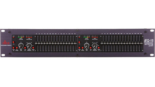 dbx iE-Q15 EQ Limiter front panel showing dual-channel 15-band graphic EQ sliders and limiter controls