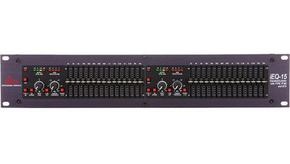 dbx iE-Q15 EQ Limiter front panel showing dual-channel 15-band graphic EQ sliders and limiter controls