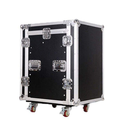 12U flight case Kenya front view, closed butterfly latches and recessed handles, heavy-duty road case