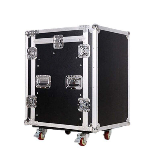 12U flight case Kenya front view, closed butterfly latches and recessed handles, heavy-duty road case