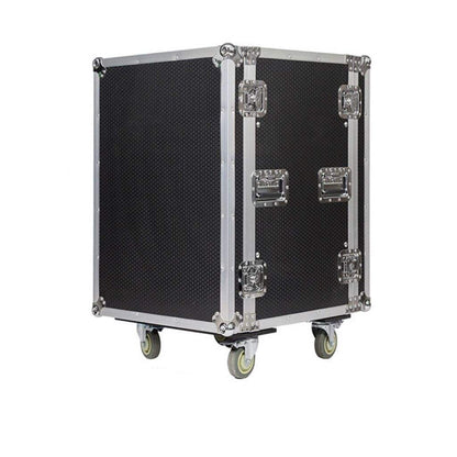 12U flight case Kenya open front cover showing 12 rack unit rails for audio equipment mounting