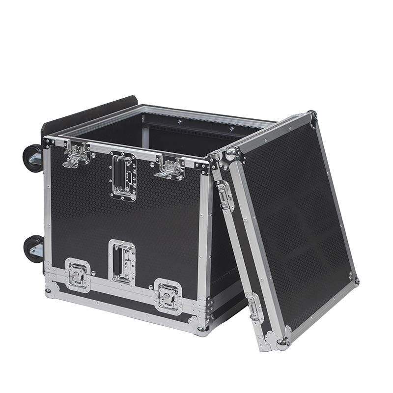 12U flight case Kenya open front cover showing 12 rack unit rails for audio equipment mounting