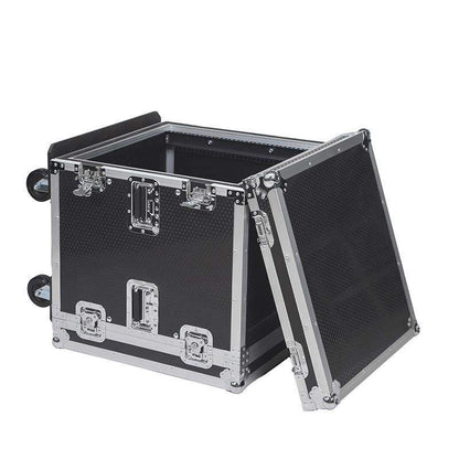 12U flight case Kenya open front cover showing 12 rack unit rails for audio equipment mounting