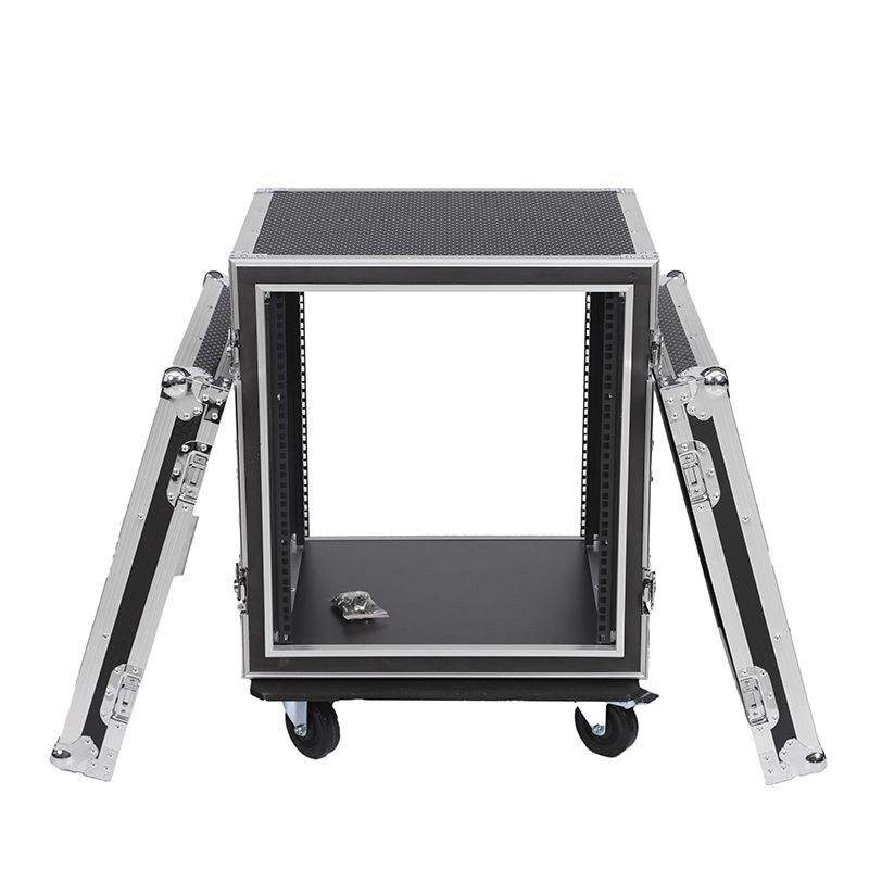 12U flight case Kenya open front cover showing 12 rack unit rails for audio equipment mounting