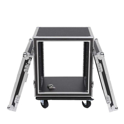 12U flight case Kenya open front cover showing 12 rack unit rails for audio equipment mounting