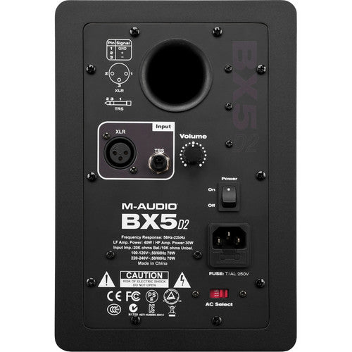 M-Audio BX5 D2 studio monitor Kenya — rear panel showing XLR and TRS inputs, volume knob, power switch and spec label