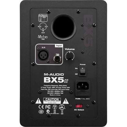 M-Audio BX5 D2 studio monitor Kenya — rear panel showing XLR and TRS inputs, volume knob, power switch and spec label