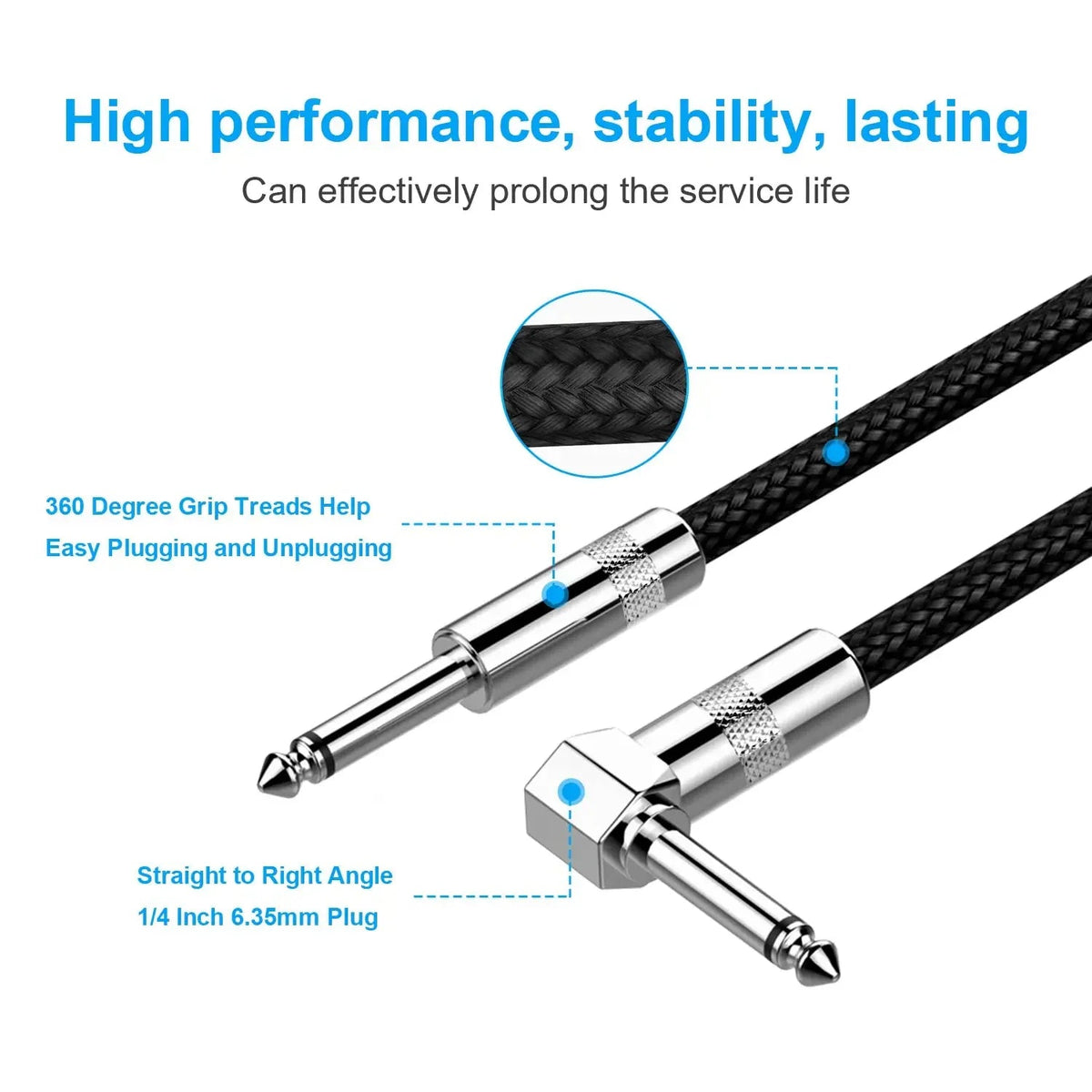 1/4 Inch Right Angled to Straight Guitar Cable – TS 6.35mm Male Instrument Mono 6.5mm Cord for Electric Guitar, Mandolin, Pro Audio - ZAMAR AUDIO SOLUTIONS