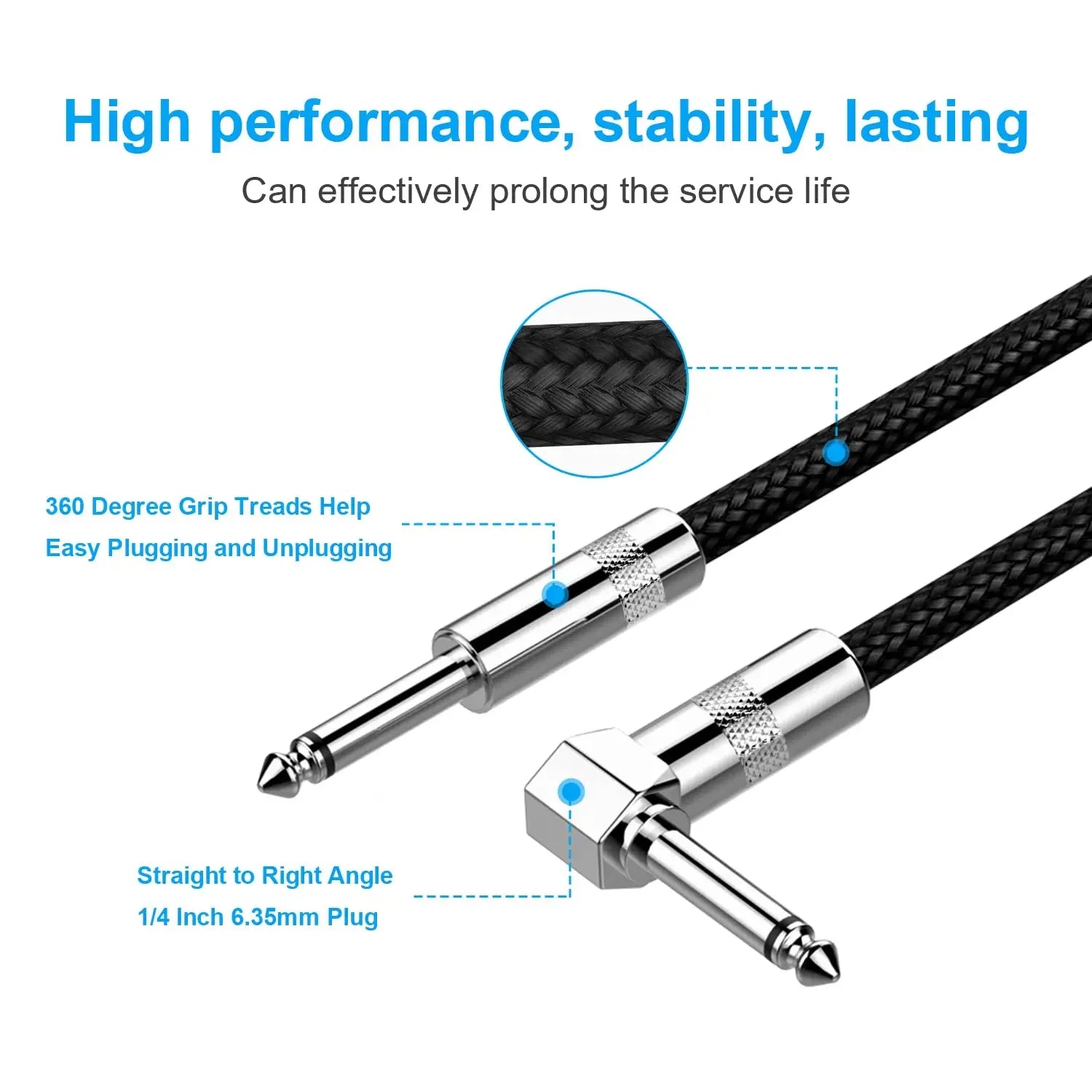 1/4 Inch Right Angled to Straight Guitar Cable – TS 6.35mm Male Instrument Mono 6.5mm Cord for Electric Guitar, Mandolin, Pro Audio - ZAMAR AUDIO SOLUTIONS