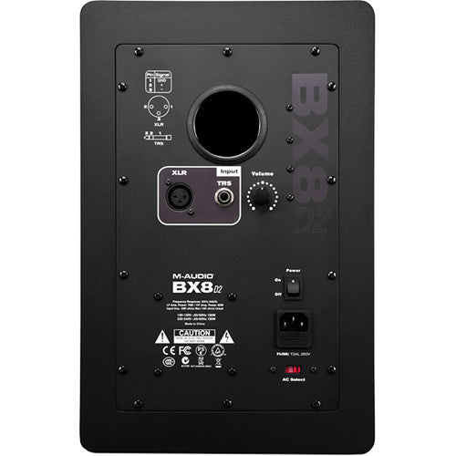 M-Audio BX8 D2 studio monitor Kenya — rear panel showing XLR and TRS balanced inputs, volume knob, Acoustic Space switch, and power port