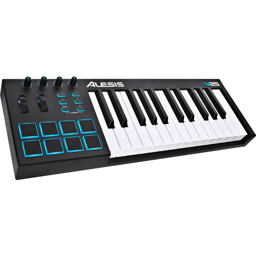Alesis V25 MIDI controller Kenya front-left angle showing 8 blue-lit drum pads, 4 knobs, 4 buttons and 25 keys