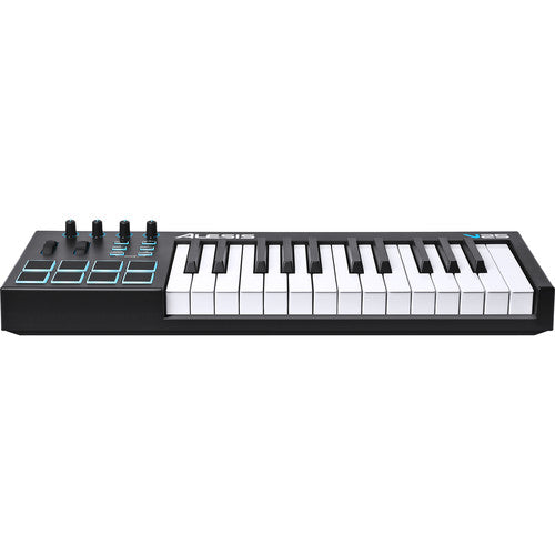 Alesis V25 MIDI controller Kenya right-side angle view showing full 25-key layout, pads and knobs at low profile