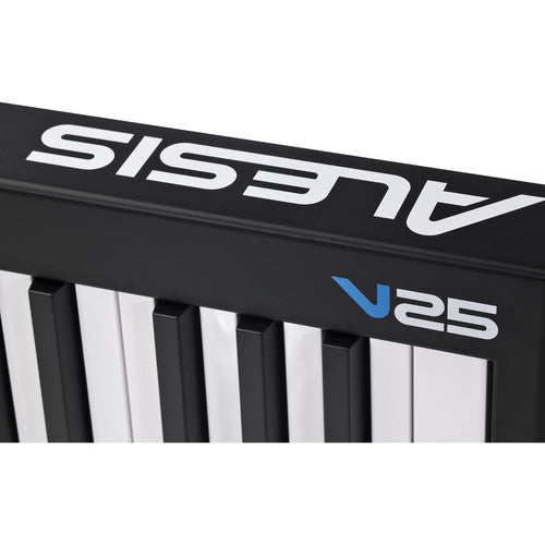 Alesis V25 MIDI controller Kenya close-up of front edge showing V25 logo and key tops in sharp detail