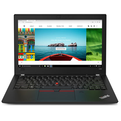 ThinkPad X280 notebook Kenya — straight-on front view, open lid showing travel website on display and ThinkPad branding