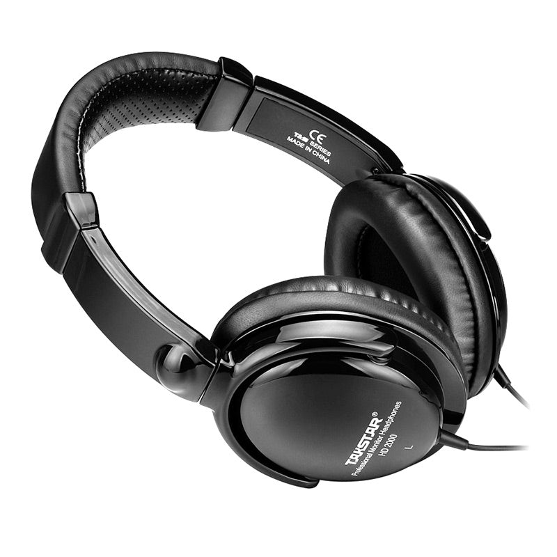 Takstar HD 2000 studio headphones Kenya – angled side view showing swivel earcup mechanism and CE certification label on headband