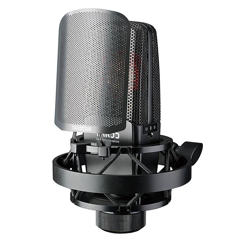 AK55 Professional Recording Microphone with dual gold-plated 34mm diaphragm, shock mount, and pop filter, displayed in a professional studio setting