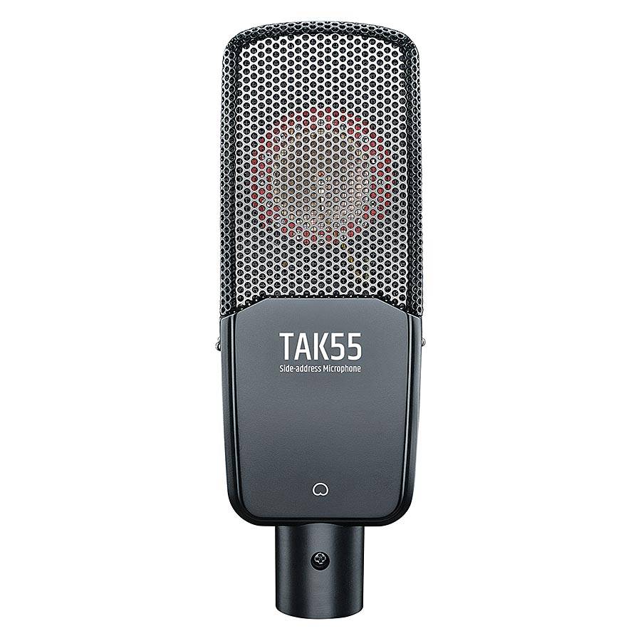 Close-up of the TAK55 microphone capsule highlighting the dual gold-plated large diaphragm and robust metal construction.