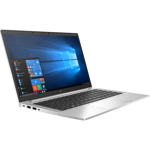 HP EliteBook 830 G7 Kenya silver laptop angled left view showing display with Windows 10 and full keyboard