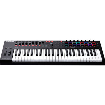 M-Audio Oxygen Pro 49 Kenya front-left angle showing full keyboard and RGB drum pad section