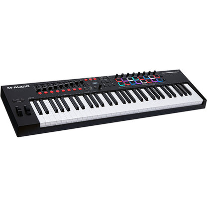 M-Audio Oxygen Pro 61 Kenya — angled front view showing 61 semi-weighted keys and RGB performance pads