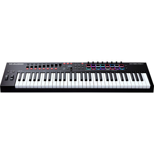 M-Audio Oxygen Pro 61 Kenya — elevated front-angle view showing full keyboard, faders, knobs and RGB pads