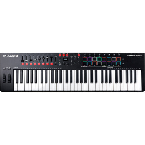 M-Audio Oxygen Pro 61 Kenya — top-down flat lay showing full control surface, faders, knobs, and RGB pads