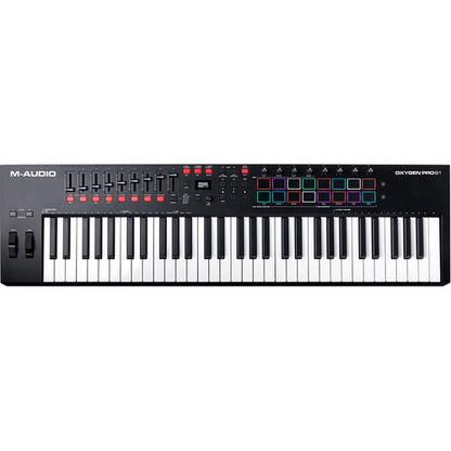 M-Audio Oxygen Pro 61 Kenya — top-down flat lay showing full control surface, faders, knobs, and RGB pads
