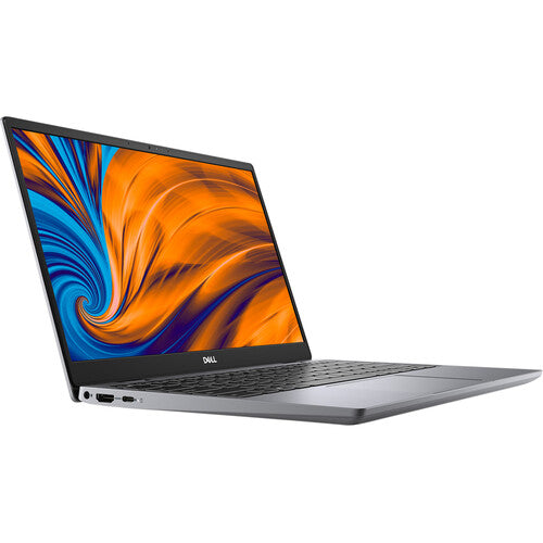 Dell Latitude 3320 Kenya – right-angle view, open lid, colorful display, silver chassis, USB-C ports visible on left