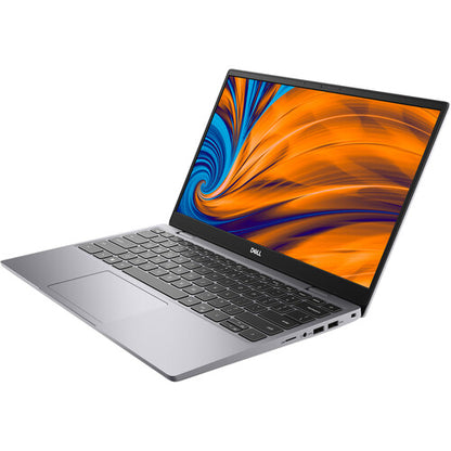 Dell Latitude 3320 Kenya – left-side angle view, open lid, keyboard deck and trackpad visible, silver chassis