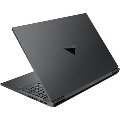 HP Victus 16 Kenya rear lid view showing Victus triangle logo on dark grey chassis