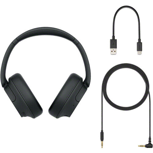 Sony WH-CH720N Kenya black headphones flat lay with USB-A to USB-C charging cable and 3.5mm audio cable included