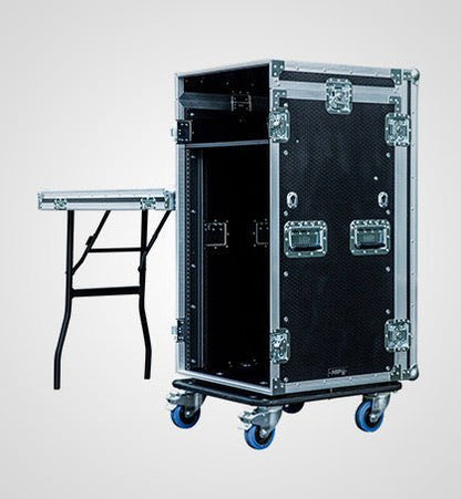16U rack flight case Kenya with front cover removed and fold-out side table attached, showing full rack bay and casters