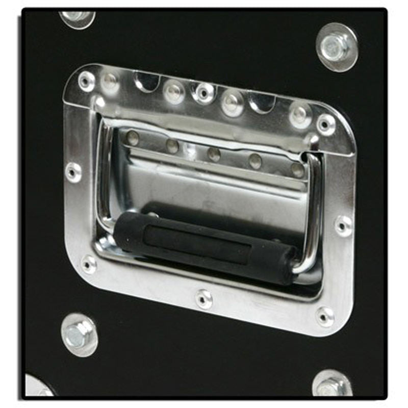 16U rack flight case Kenya with front cover removed and fold-out side table attached, showing full rack bay and casters